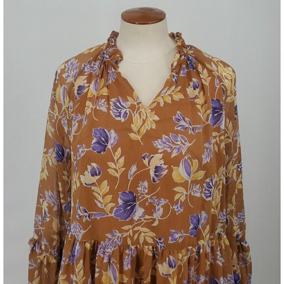 Altar'd State Dress Womens S Brown Floral Tiered Peasant Sleeve Mini Boho Puff - Picture 3 of 10